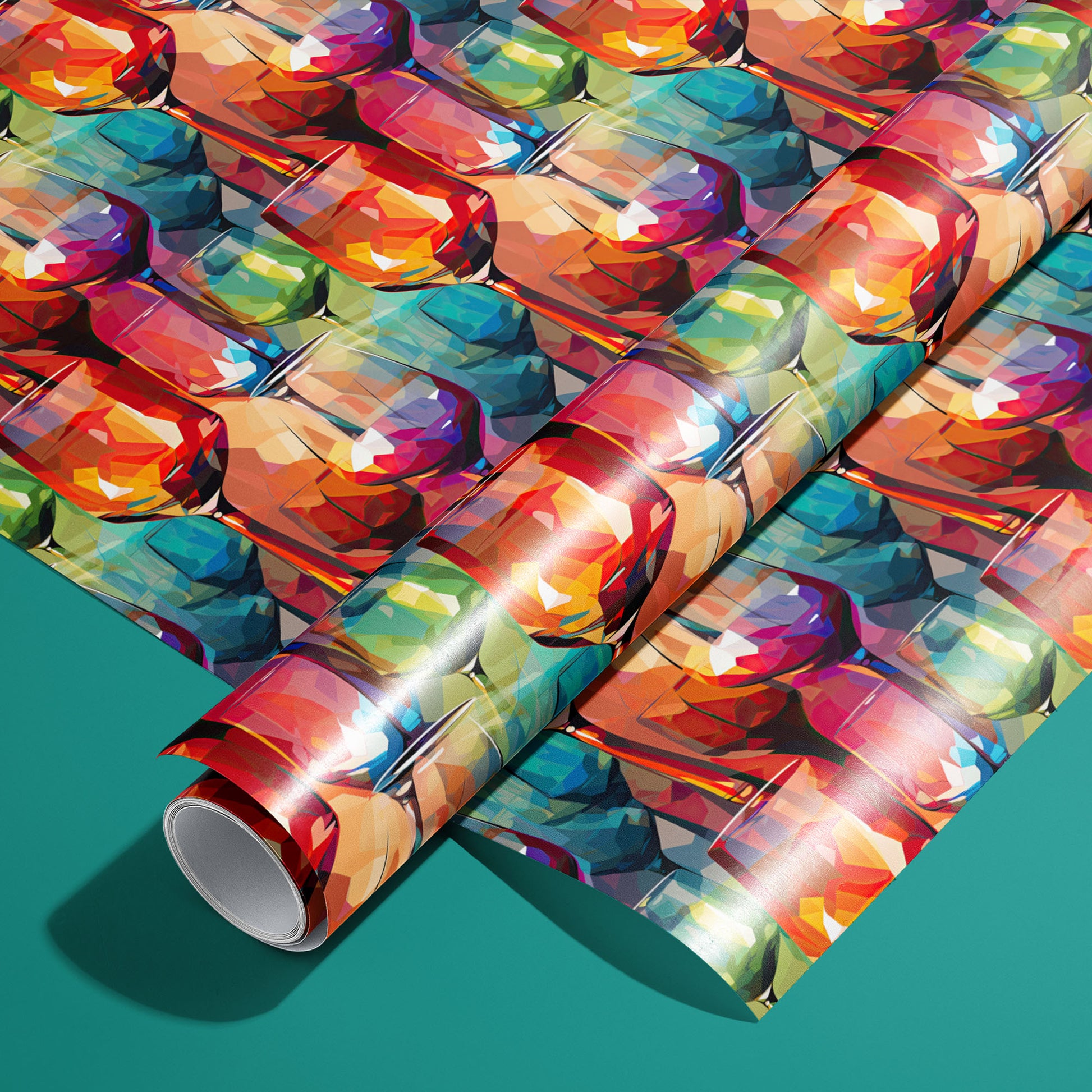 A roll of Modern Mosaic Wine Glasses on an unrolled sheet, featuring faceted stained-glass style wine goblets in rainbow jewel tones on a rich teal background.