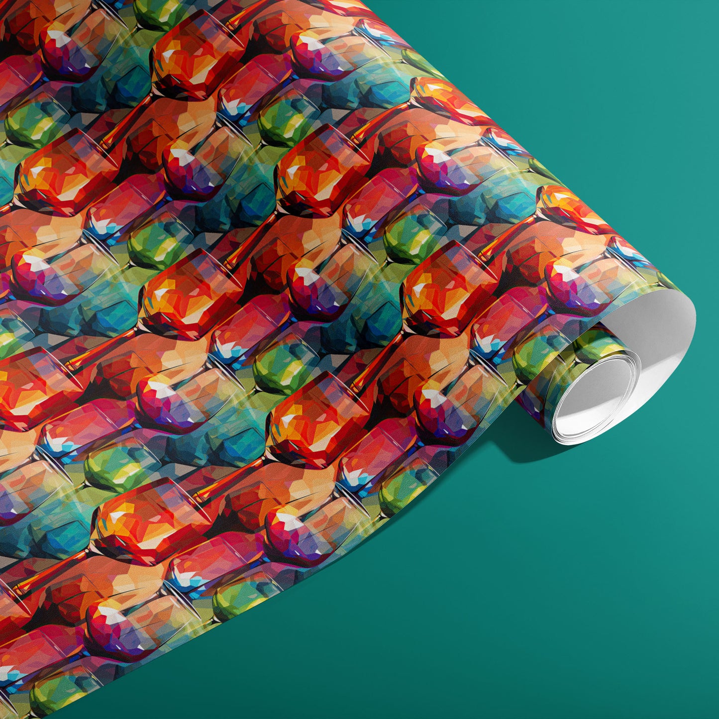 A partially unfurled roll of Modern Mosaic Wine Glasses showing low-poly mosaic wine glasses in vivid multicolor across a rich teal background.