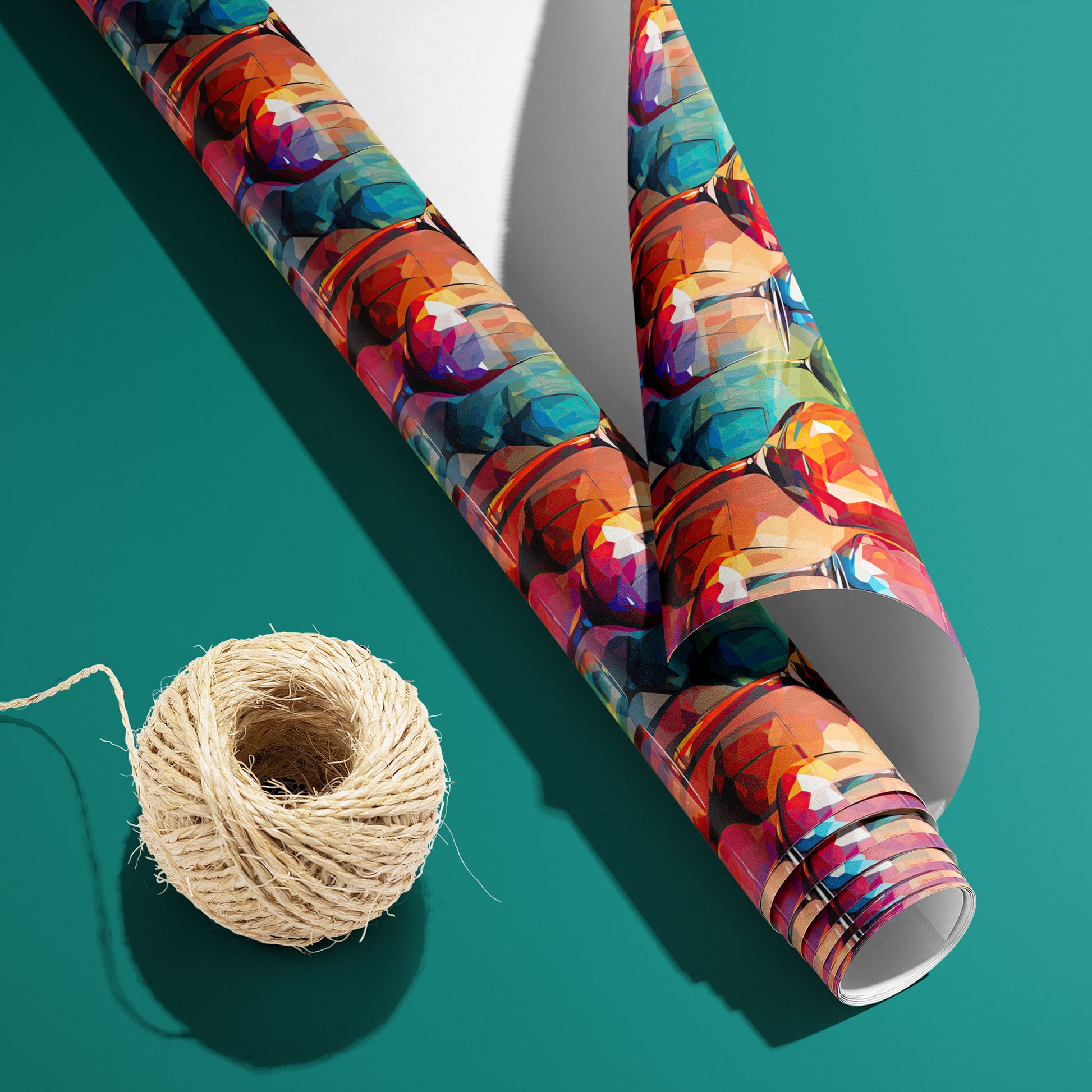 A partially unfurled roll of Artistic Ales, white underside visible beside a spool of natural twine, displays beer bottles, pints, hops, and barley on a teal surface.