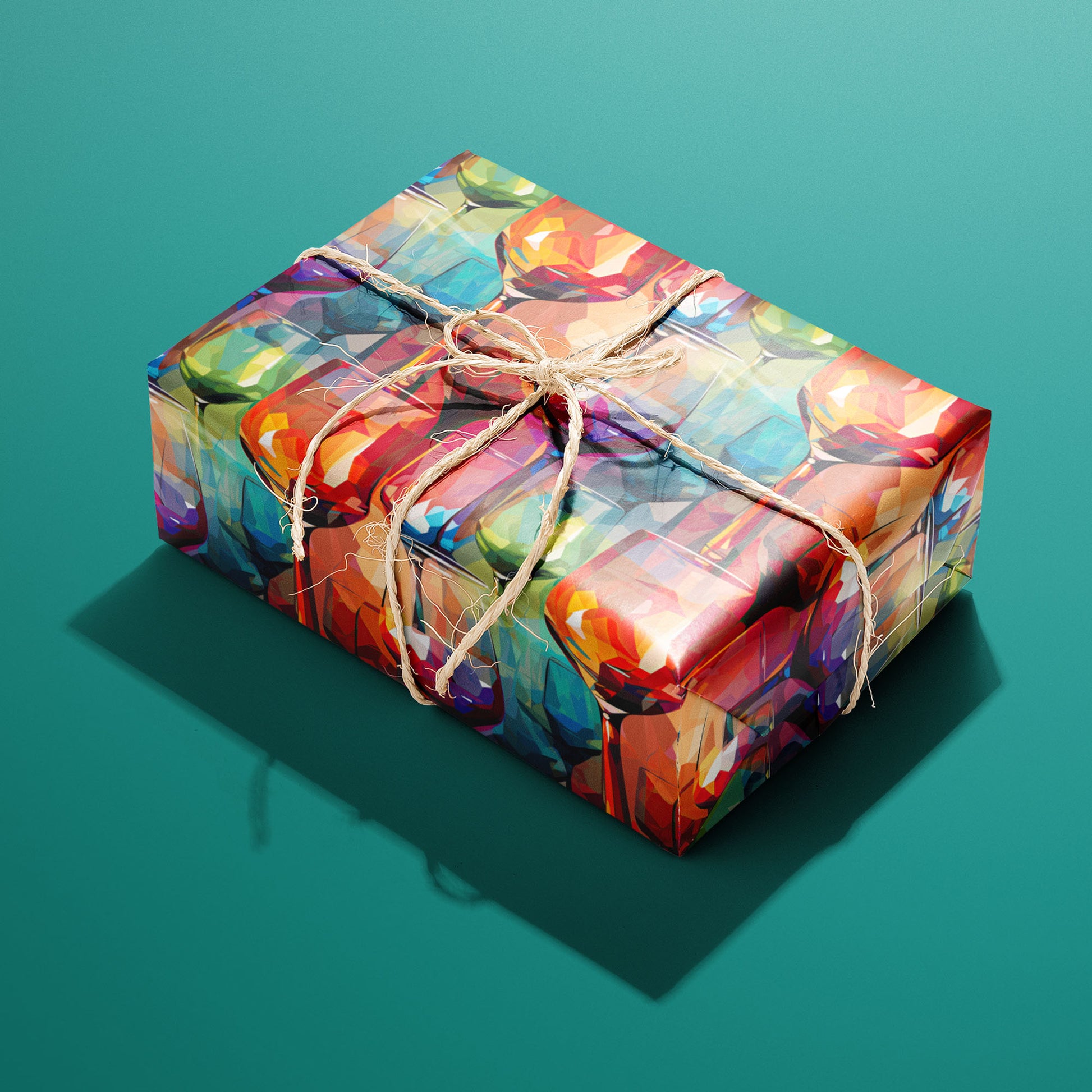 A single rectangular gift wrapped in Artistic Ales and tied with natural twine highlights painterly beer bottles and frothy pints with hops and barley on a teal backdrop.