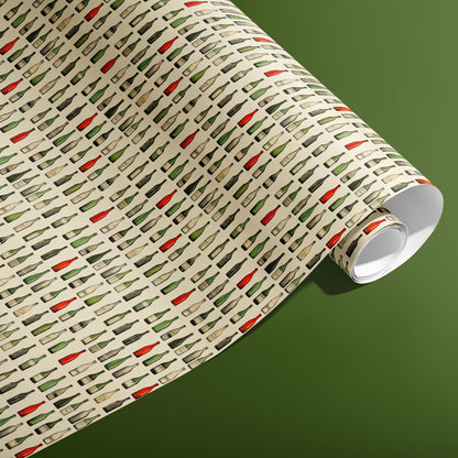 A partially unfurled roll of Classic Vino wrapping paper showing rows of hand-drawn wine bottles on a cream ground against an olive green background.
