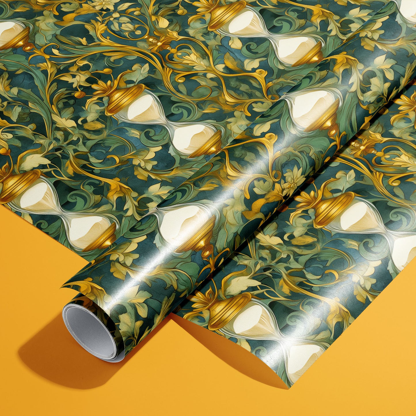 A roll on an unrolled sheet of Baroque Timekeeper wrapping paper with ornate gilt clock faces, filigree scrolls, and roman numerals on black, set on a rich golden background.