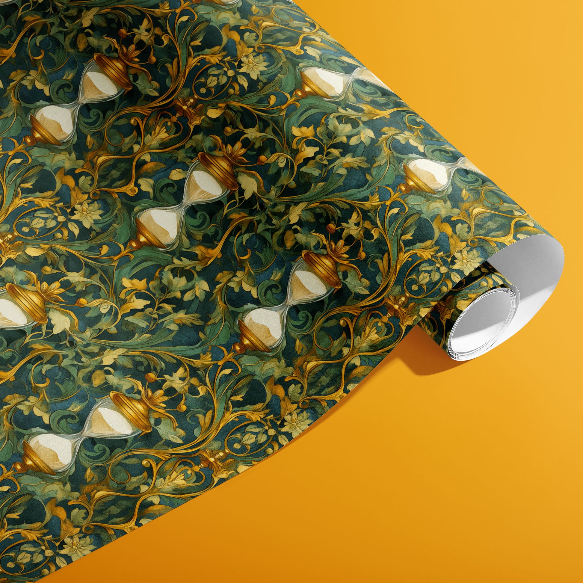 A partially unfurled roll of Baroque Timekeeper wrapping paper showing gilded baroque scrollwork and vintage clock dials on black against a rich golden background.