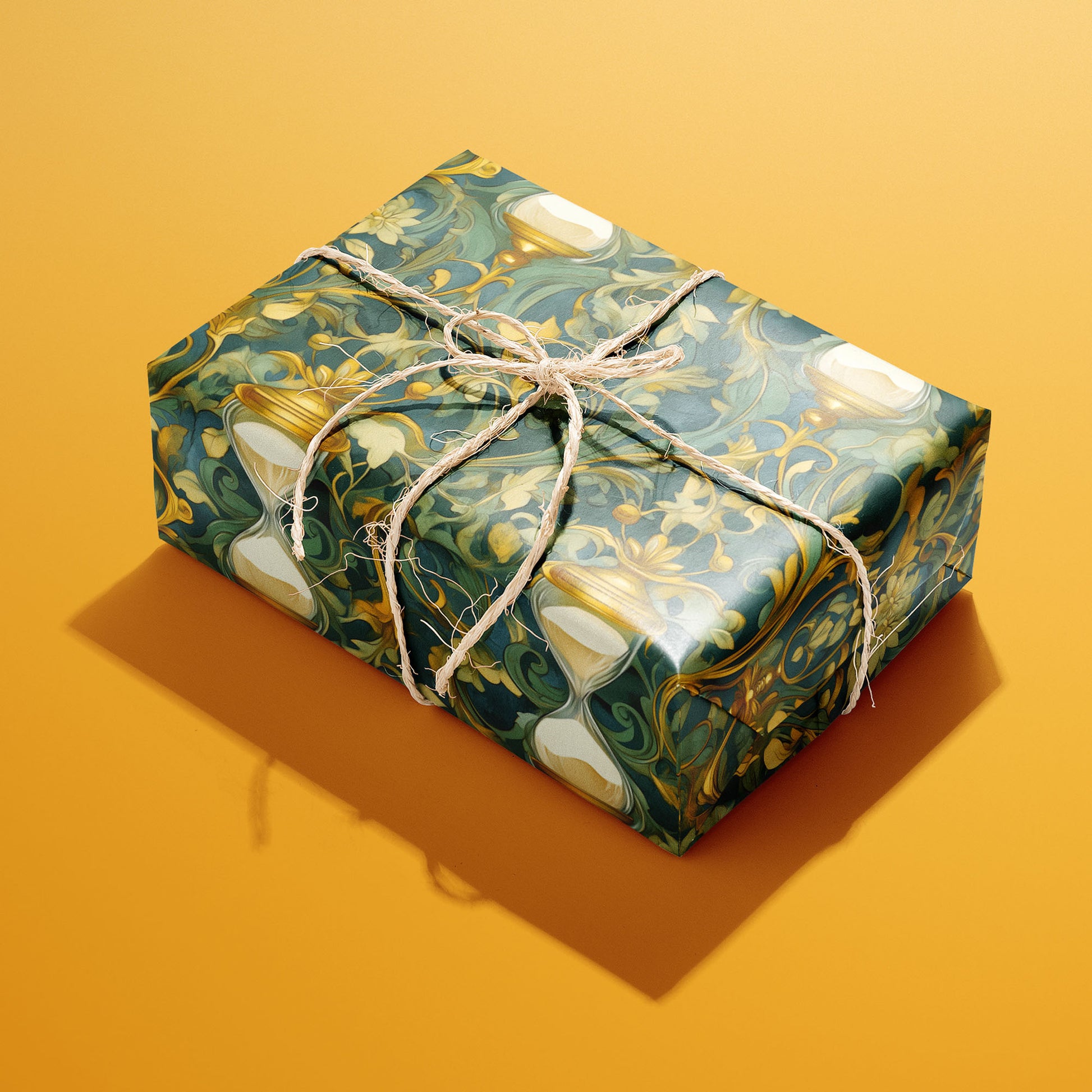 A single rectangular gift wrapped in Baroque Timekeeper—gilded clock faces and baroque flourishes on black—tied with natural twine on a rich golden background.