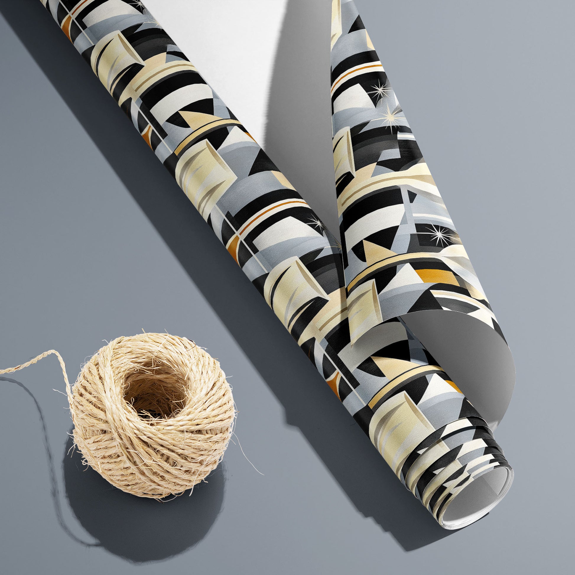 A partially unfurled roll of Toast to Elegance with its white underside visible beside a spool of natural twine, showing golden champagne glasses and bubbles on black over a silver-grey surface.