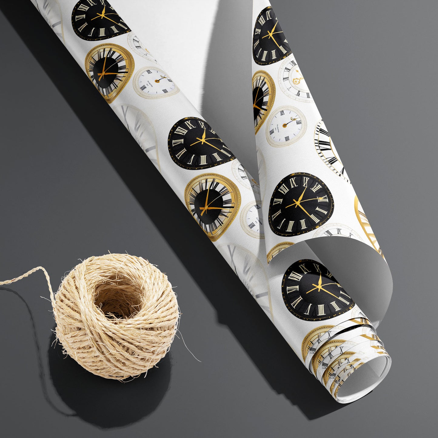 A partially unfurled roll of Luxe Time with its white underside visible beside a spool of natural twine, featuring gold and black clock faces on white on a dark gray surface.