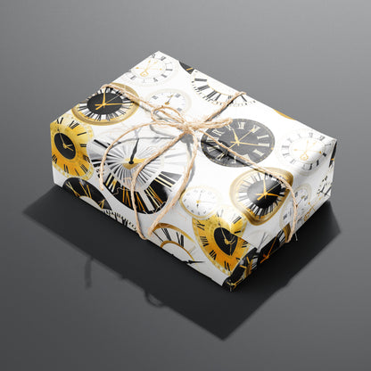 A single gift wrapped in Luxe Time and tied with natural twine, displaying gold, black, and white clock faces with Roman numerals on white, set on a dark gray surface.