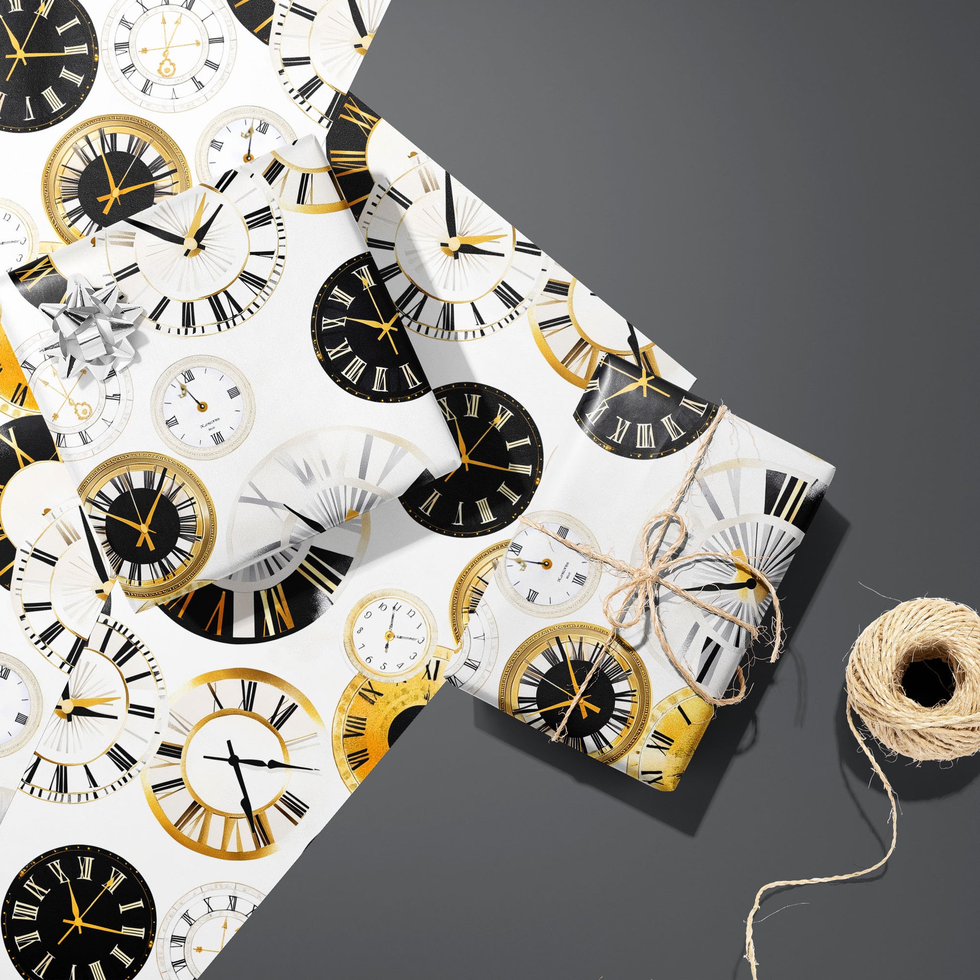 Two gifts wrapped in Luxe Time—one silver-bowed, one tied with twine—sit on two unused sheets beside a twine spool on a dark gray surface, with gold and black clock faces on white.
