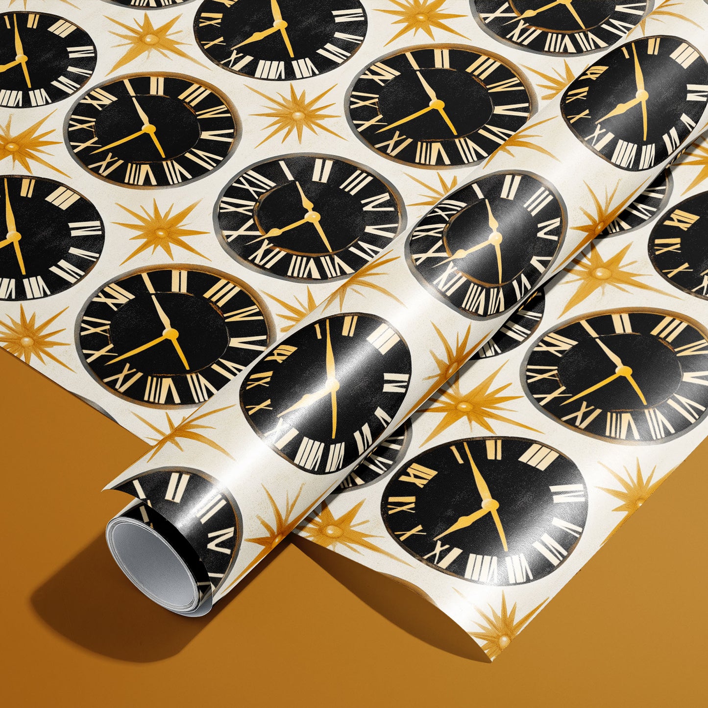 A roll of Deco Century paper on a matching unrolled sheet shows vintage black clock faces with Roman numerals and gold starbursts on pearl white, set on a golden mustard background.