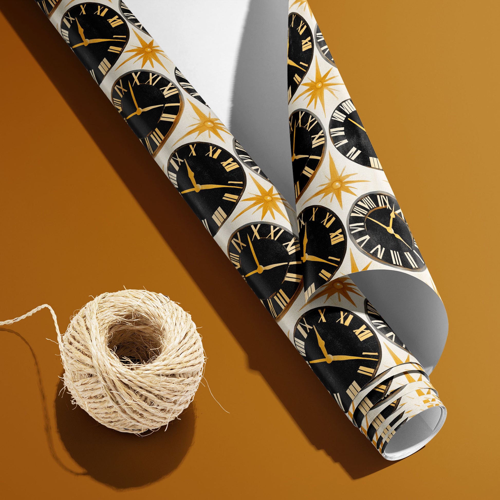 A partially unfurled Deco Century roll with the white underside beside a spool of natural twine shows black clock faces and gold starbursts on pearl white over a golden mustard background.