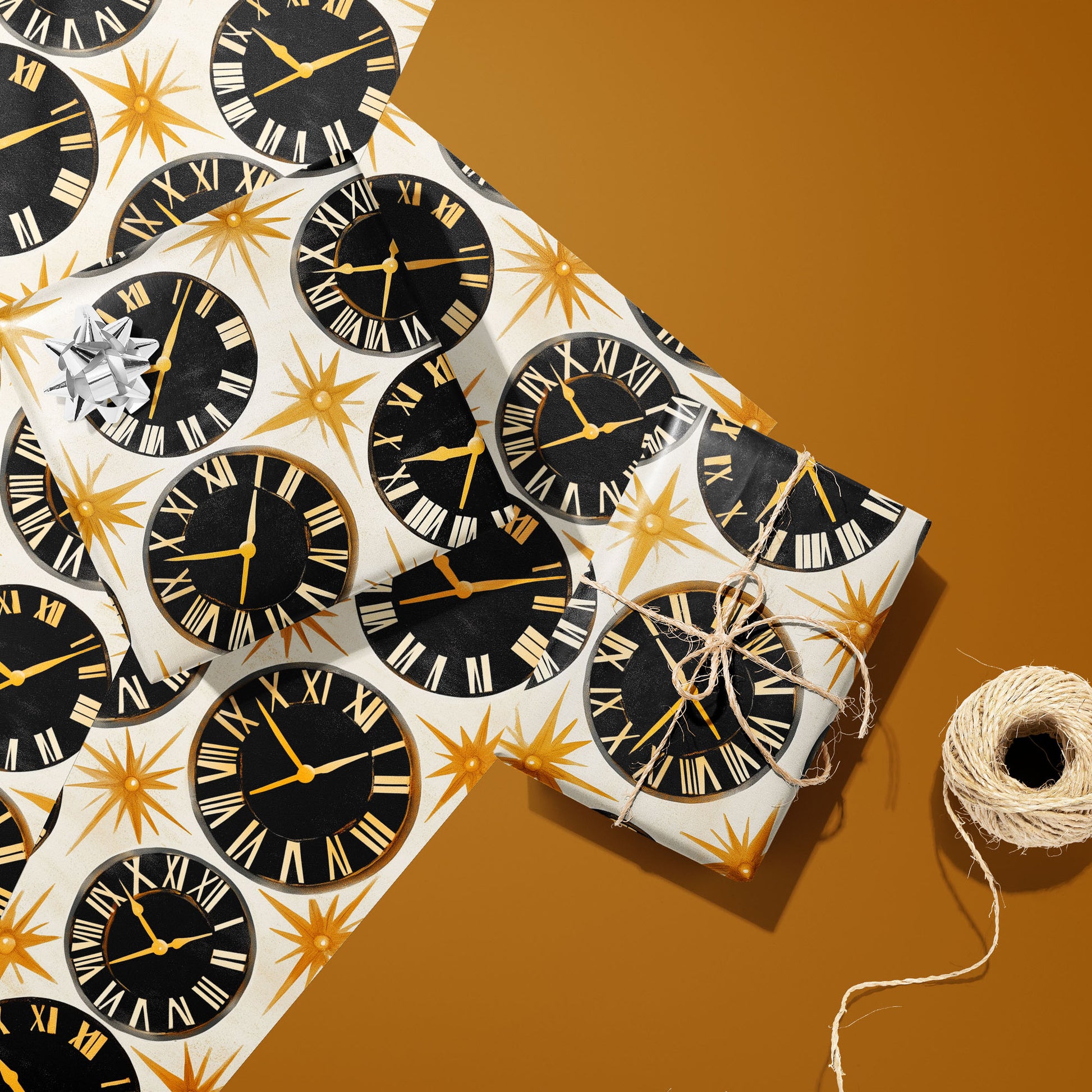 Two gifts in Deco Century paper—one with a silver bow, one tied with twine—rest on unused sheets showing black clock faces and gold starbursts on pearl white beside twine on a golden mustard background.