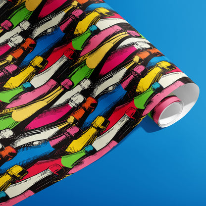 A partially unfurled roll of Bold Bottles shows stacked, brightly colored bottle shapes across a deep charcoal field against a vivid blue backdrop.