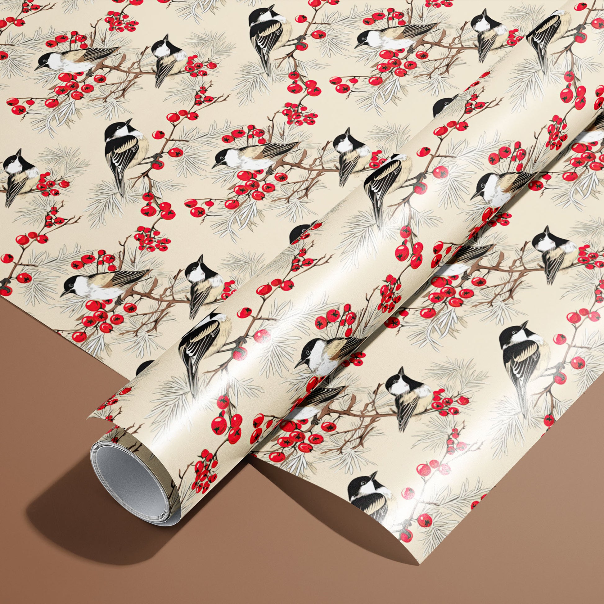 A roll of Bird & Berry paper on a matching unrolled sheet shows chickadees on red berry branches with pine sprigs over a cream ground, set on a warm brown background.