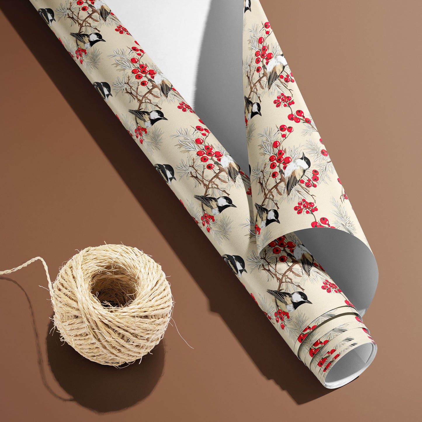 A partially unfurled Bird & Berry roll with the white underside sits beside a spool of natural twine, showing chickadees, red berries, and pine on cream over a warm brown background.