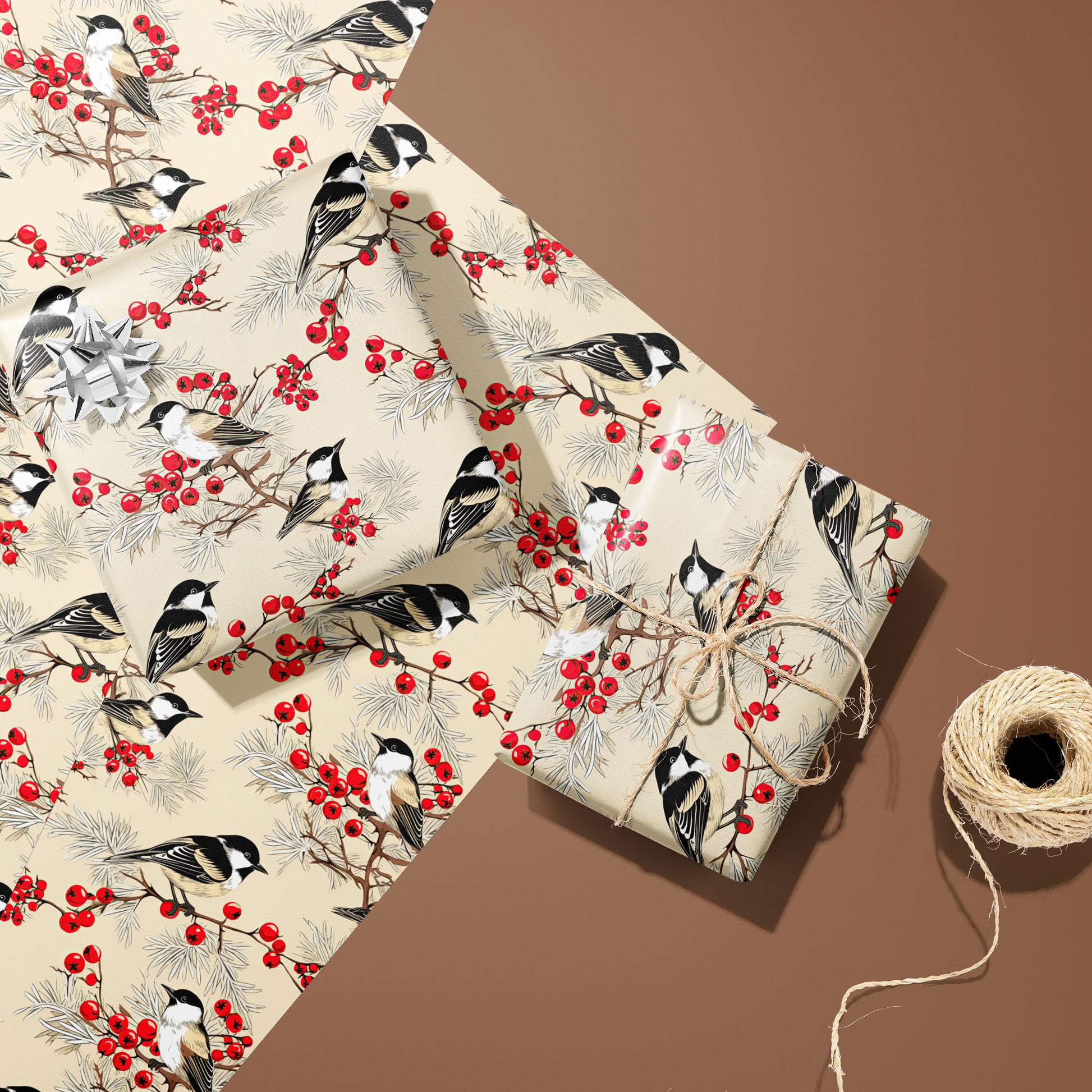 Two gifts in Bird & Berry paper—one with a silver bow and one tied with twine—rest on unused sheets showing chickadees, red berries, and pine beside twine on a warm brown background.