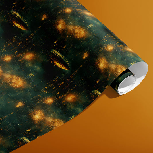 A partially unfurled roll of Steampunk Skies wrapping paper with glowing dirigibles, city lights, and golden fireworks on deep teal, resting on a warm amber surface.