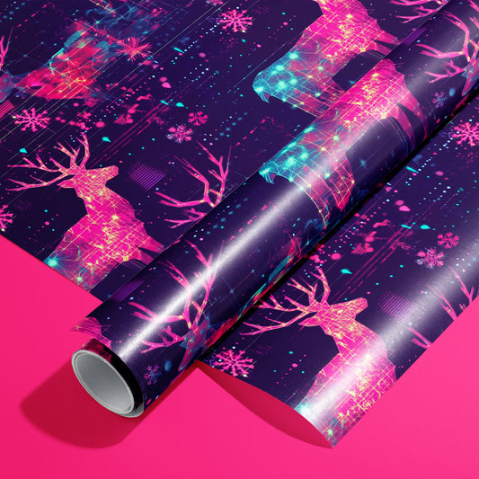 A roll of Holographic Holiday rests on an unrolled sheet, showing neon reindeer and pixel-glitch snowflakes in magenta and teal on a deep navy ground, styled on a hot pink surface.