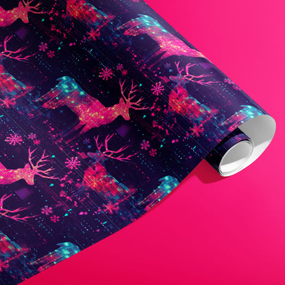 A partially unfurled roll of Holographic Holiday displays holographic reindeer silhouettes and digital snowflakes on a dark navy ground against a hot pink background.