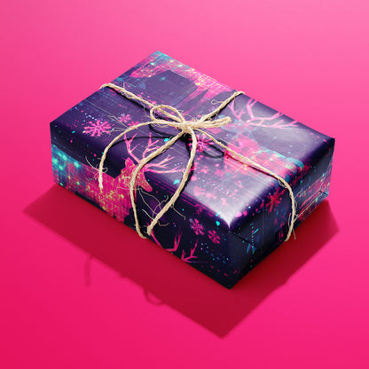 A single rectangular gift wrapped in Holographic Holiday and tied with natural twine highlights neon reindeer and digital snowflakes on a deep navy ground against a hot pink backdrop.