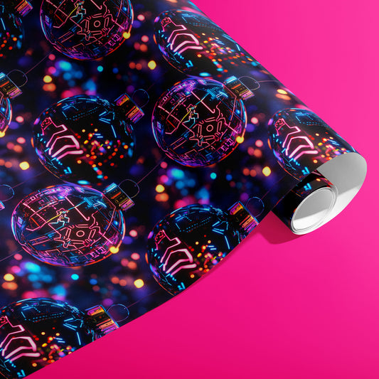 A partially unfurled roll of Chrome City Christmas gift wrap displays futuristic chrome ornaments with glowing circuitry and bokeh lights against a hot pink background.