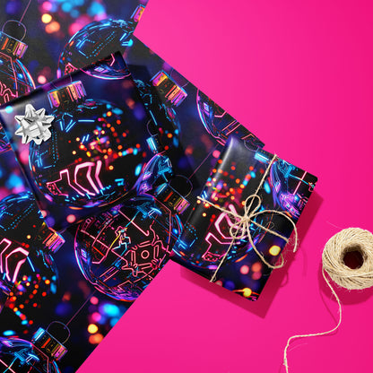 Two Chrome City Christmas gifts—one with a silver bow and one tied with twine—rest on two unused sheets beside a twine spool on hot pink, showing neon circuit baubles and city lights.
