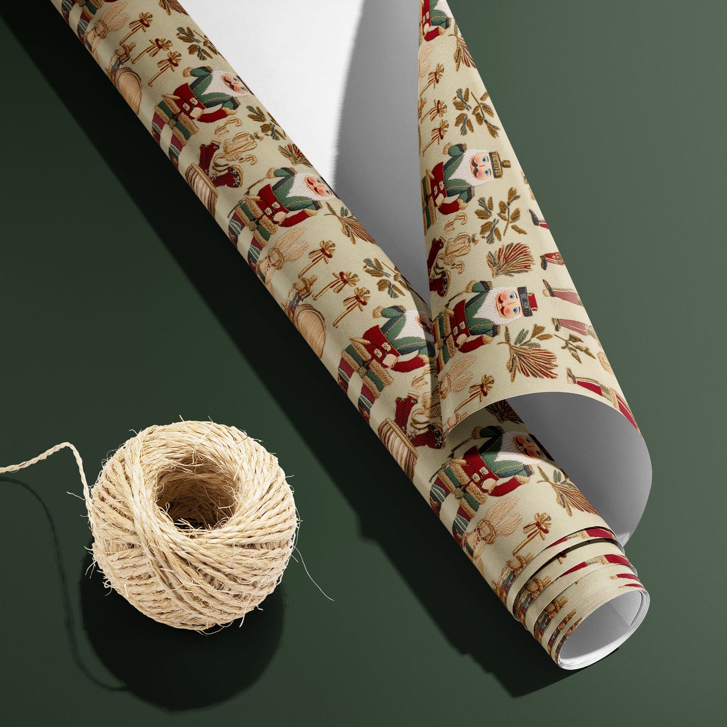 A partially unfurled roll of Heritage Nutcrackers with the white underside visible sits beside natural twine on deep green, revealing nutcrackers, drums, and laurel sprigs on cream.