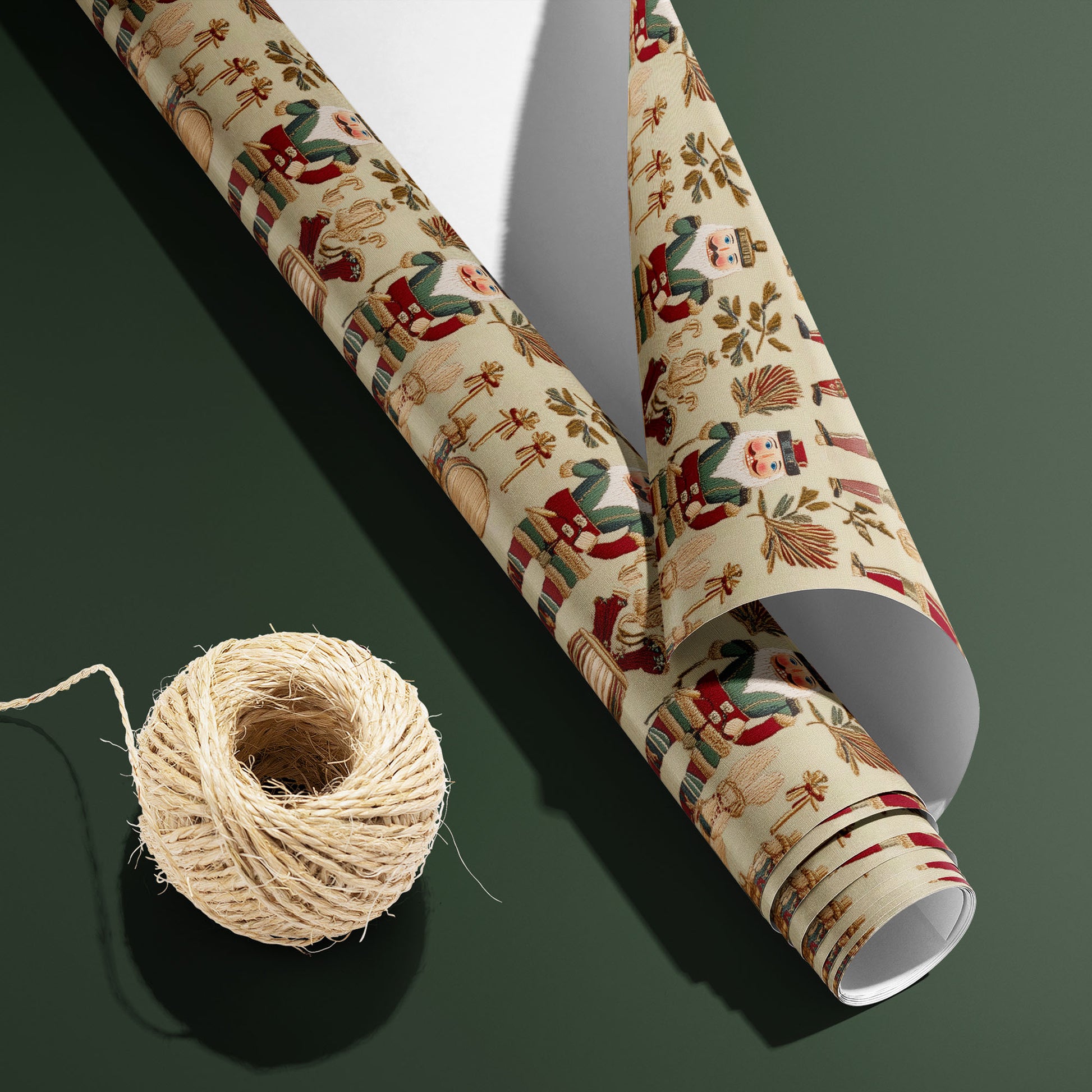 A partially unfurled roll of Heritage Nutcrackers with the white underside visible sits beside natural twine on deep green, revealing nutcrackers, drums, and laurel sprigs on cream.