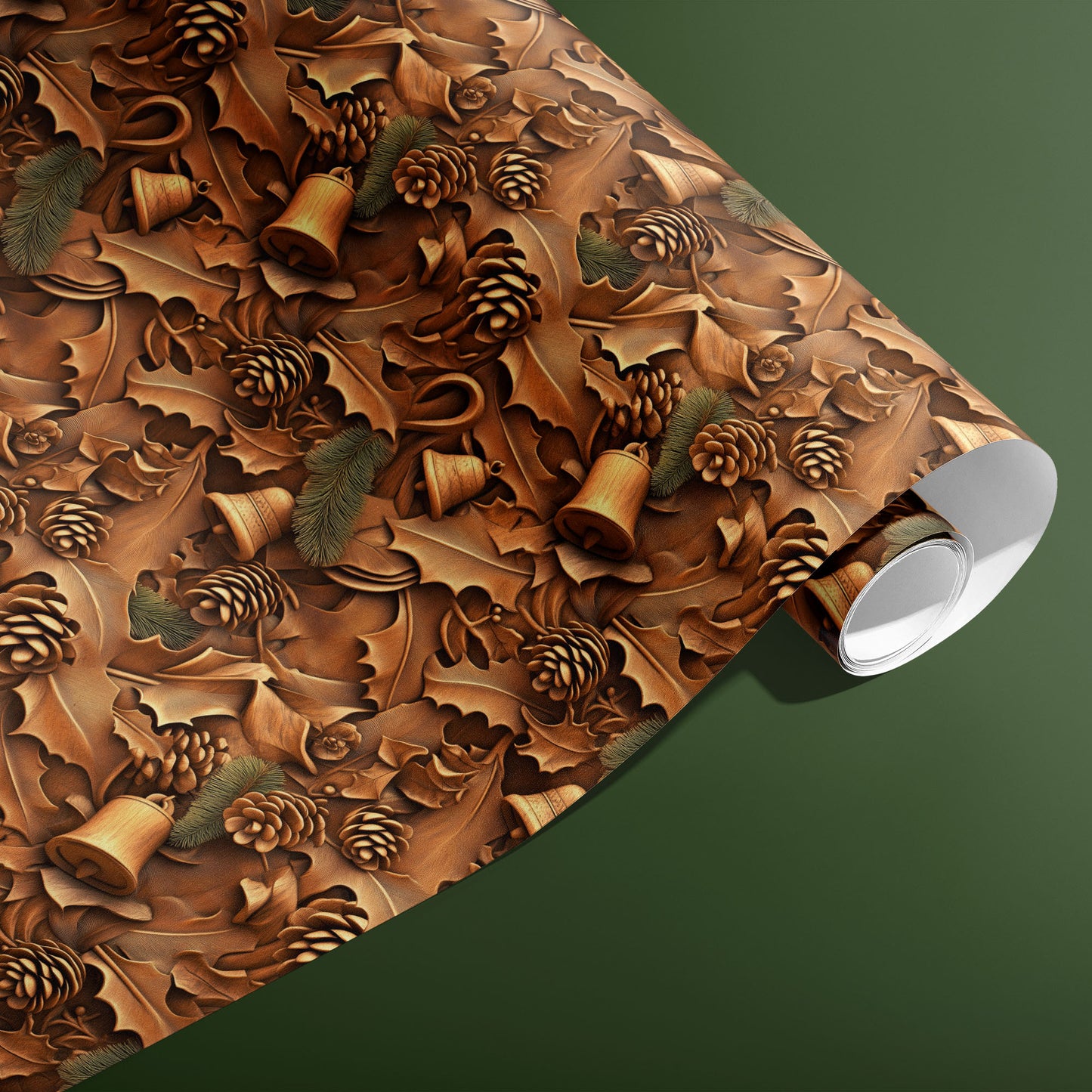 A partially unfurled roll of Woodland Wonders wrapping paper with pinecones, holly, fir sprigs, and bells in woodcut textures, shown on a deep green background.