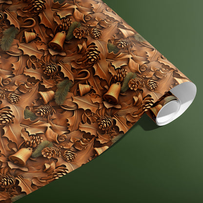 A partially unfurled roll of Woodland Wonders wrapping paper with pinecones, holly, fir sprigs, and bells in woodcut textures, shown on a deep green background.