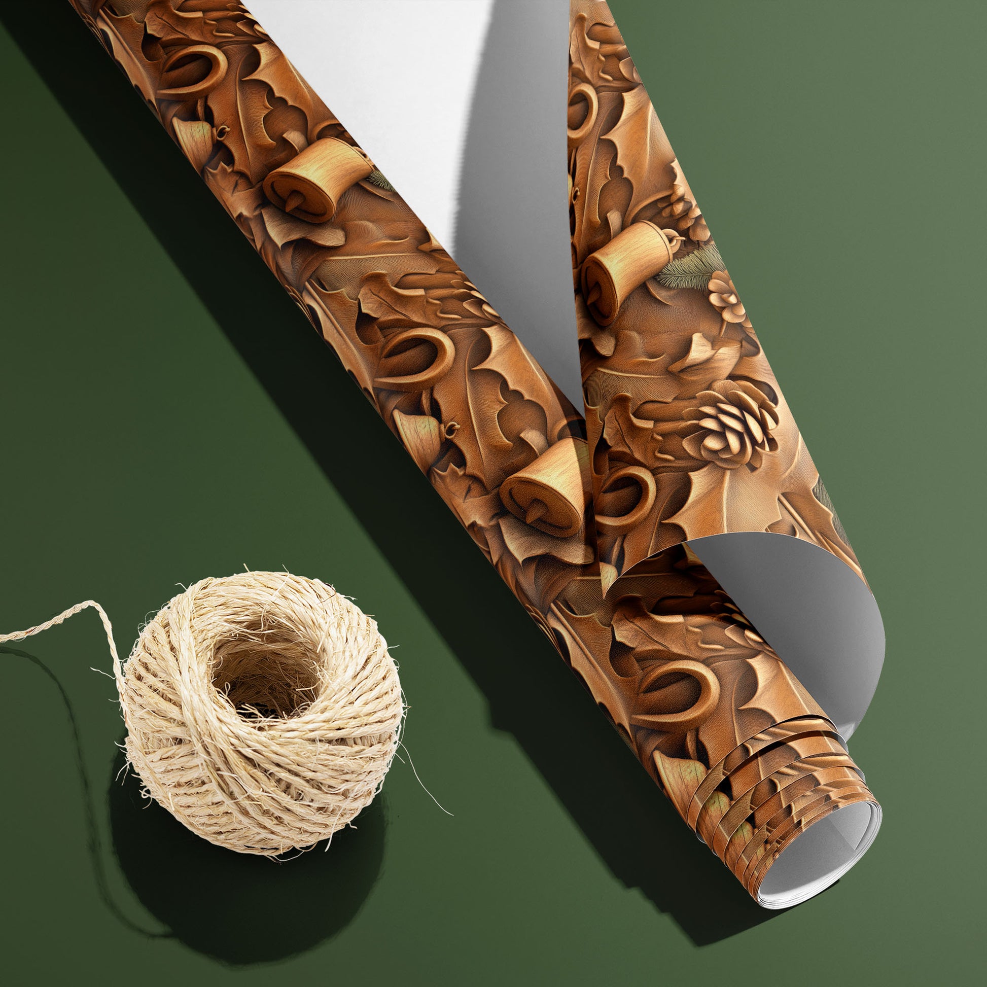 A partially unfurled roll of Woodland Wonders with its white underside visible beside a spool of natural twine, showing pinecones, holly, and bells in warm browns on a deep green background.