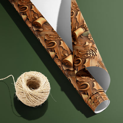 A partially unfurled roll of Woodland Wonders with its white underside visible beside a spool of natural twine, showing pinecones, holly, and bells in warm browns on a deep green background.