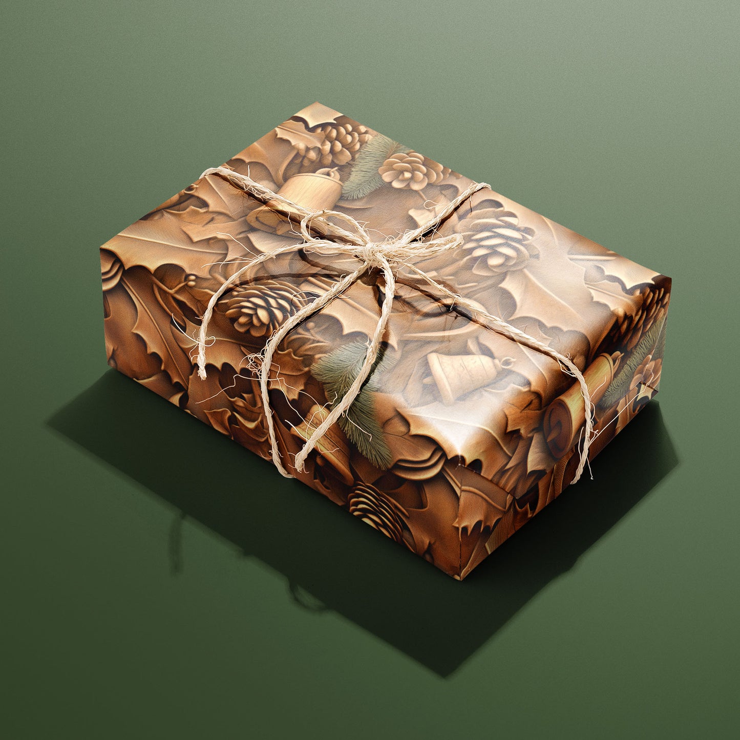 A single gift wrapped in Woodland Wonders and tied with natural twine, displaying pinecones, holly leaves, fir sprigs, and bells in warm browns on a deep green background.
