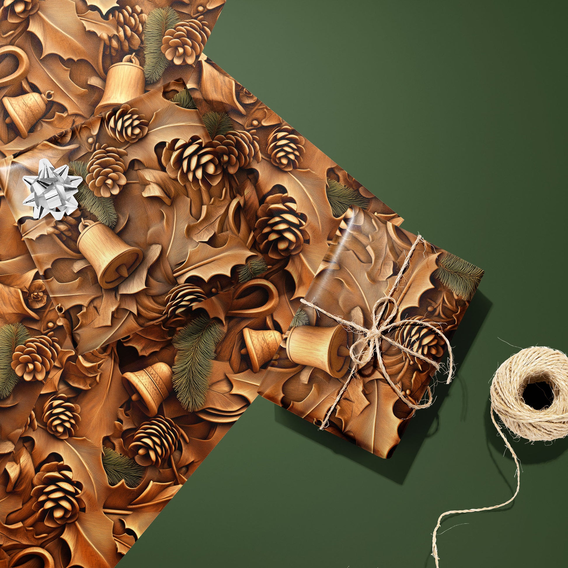 Two gifts wrapped in Woodland Wonders—one with a silver bow, one tied with twine—rest on two unused sheets beside a twine spool on a deep green background with pinecones and holly motifs.