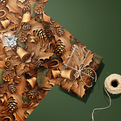 Two gifts wrapped in Woodland Wonders—one with a silver bow, one tied with twine—rest on two unused sheets beside a twine spool on a deep green background with pinecones and holly motifs.