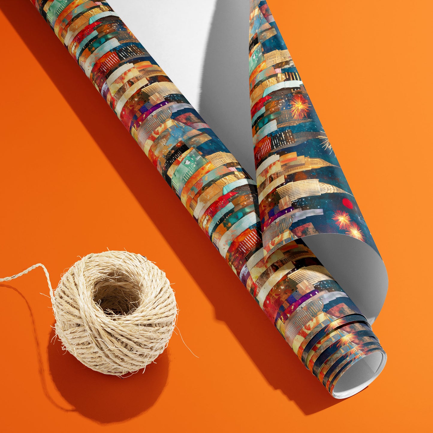 A partially unfurled roll of Skyline Splendor, white underside visible beside a spool of natural twine, shows colorful skylines and fireworks on a navy ground over bright orange.