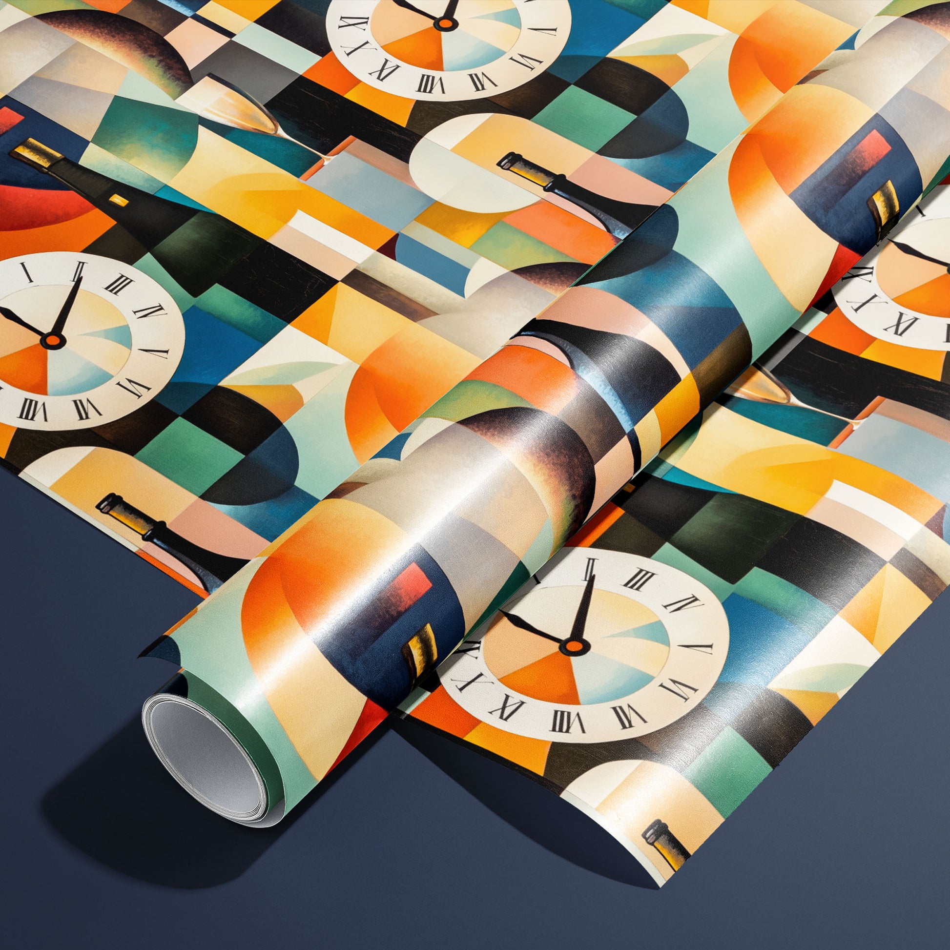 A roll of Nouveau Countdown rests on a matching unrolled sheet, featuring Art Deco clock faces, champagne bottles and flutes, and bold geometric arches on a navy surface.