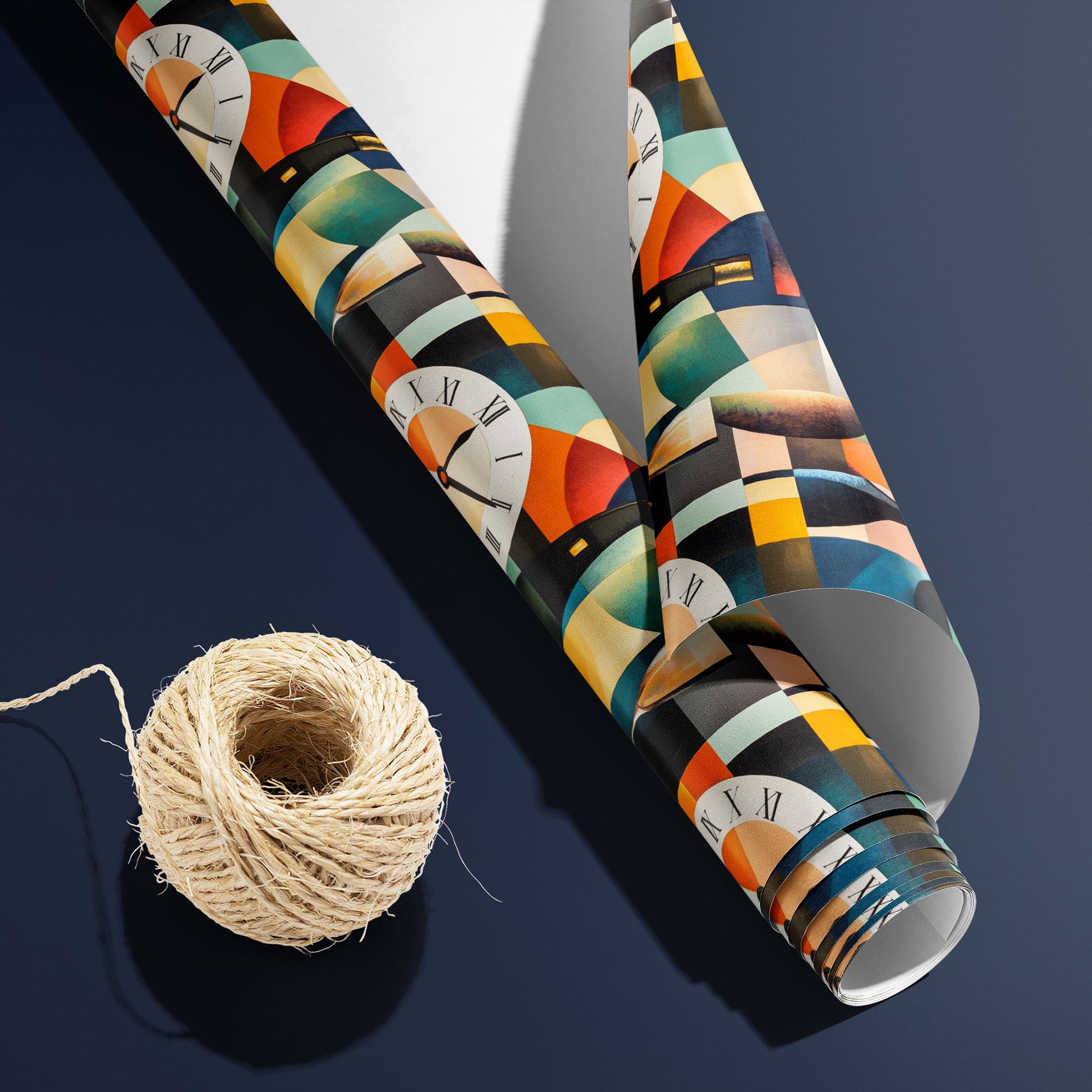 A partially unfurled roll of Nouveau Countdown with the white underside visible sits beside natural twine on a navy surface, revealing clocks, bottles, and Deco arches.