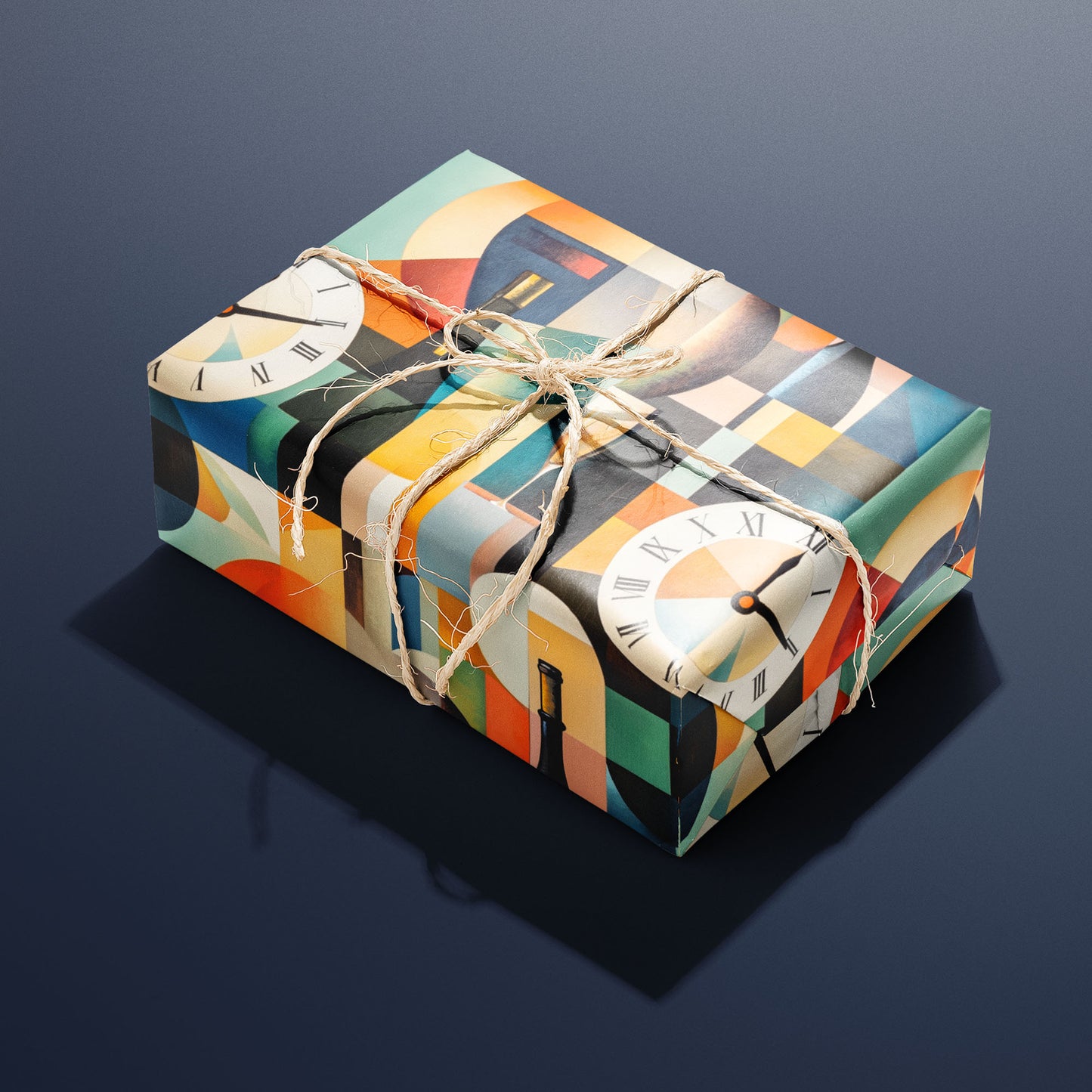 A single gift wrapped in Nouveau Countdown and tied with natural twine displays Art Deco clocks, champagne motifs, and striking geometric forms against a navy background.
