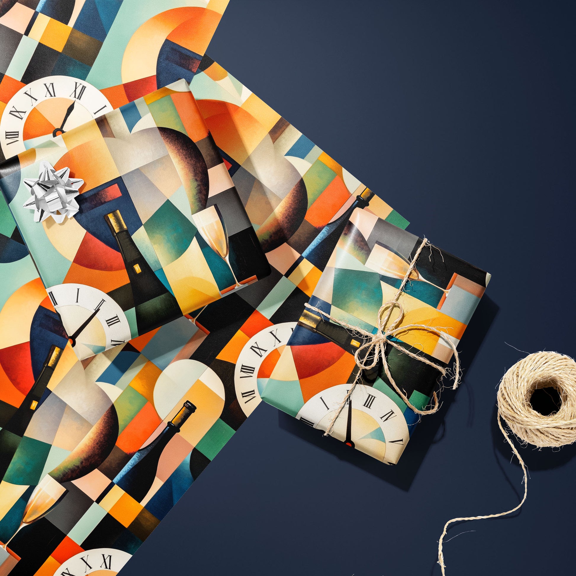 Two gifts in Nouveau Countdown—one silver-bowed and one tied with twine—rest on two unused sheets with Deco clocks and champagne icons beside a twine spool on navy.