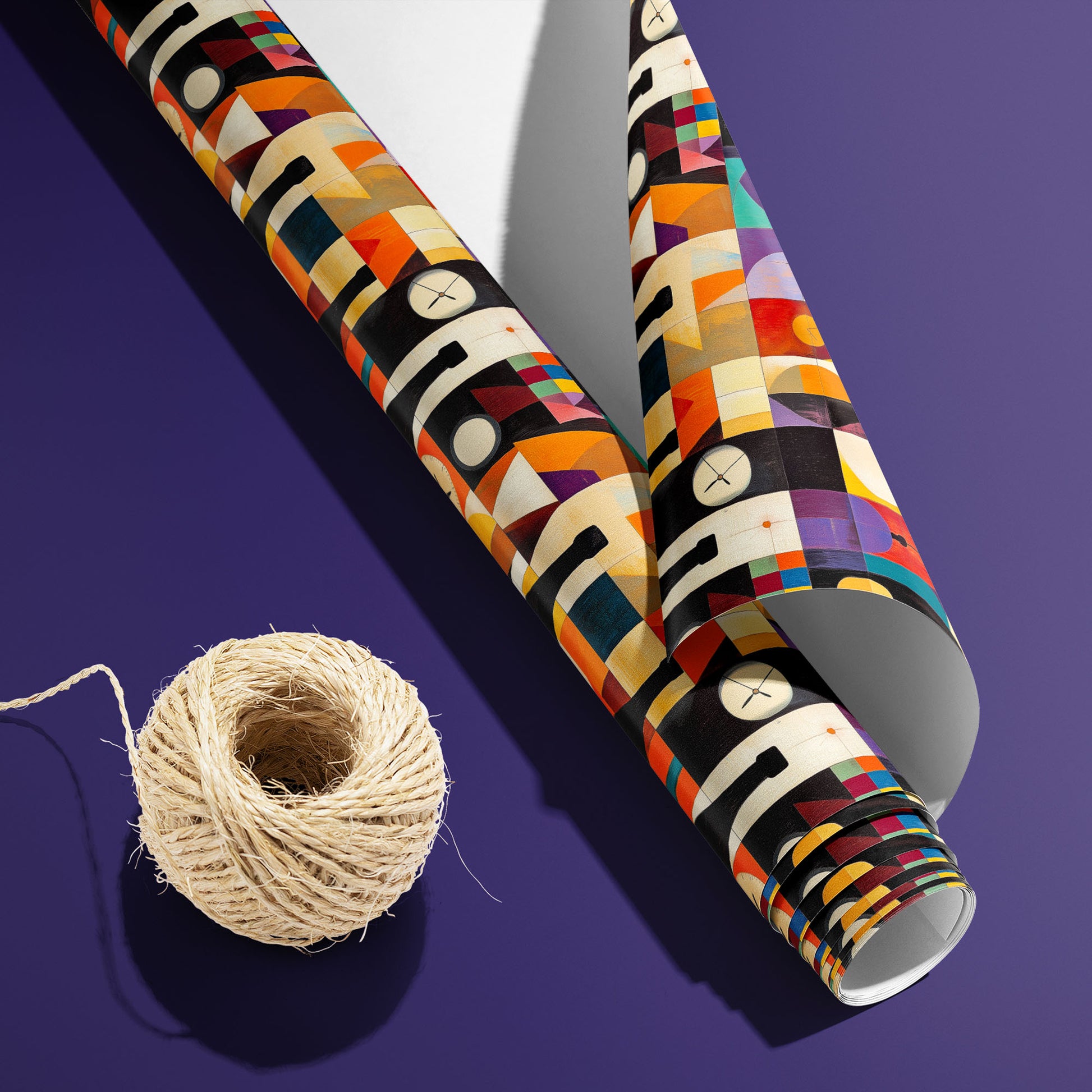 A partially unfurled Geometric Cheer roll with the white underside beside a spool of natural twine displays geometric blocks with bottles and clocks on a purple background.