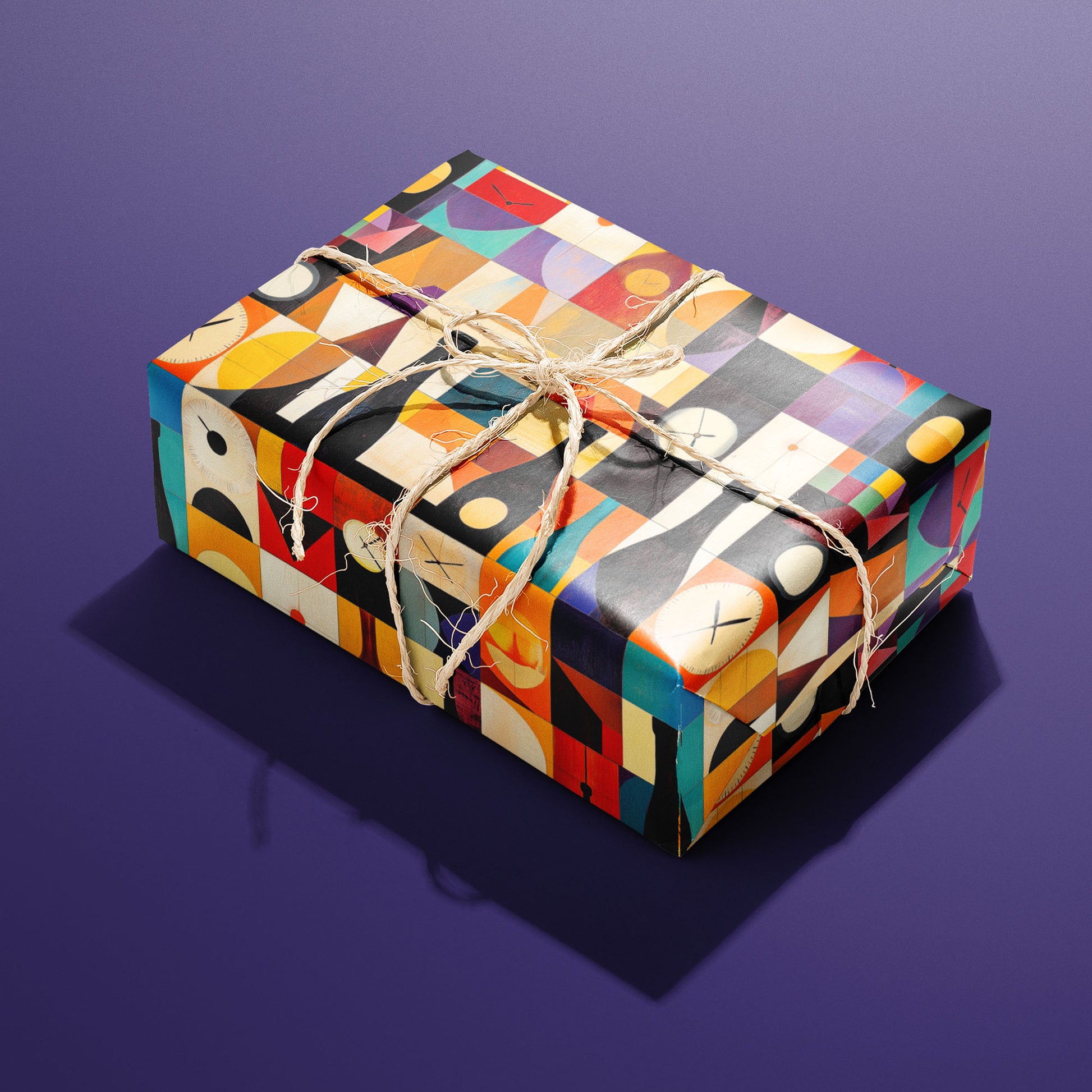 A rectangular gift wrapped in Geometric Cheer paper and tied with natural twine shows bold geometric shapes with bottles and clock motifs against a purple background.