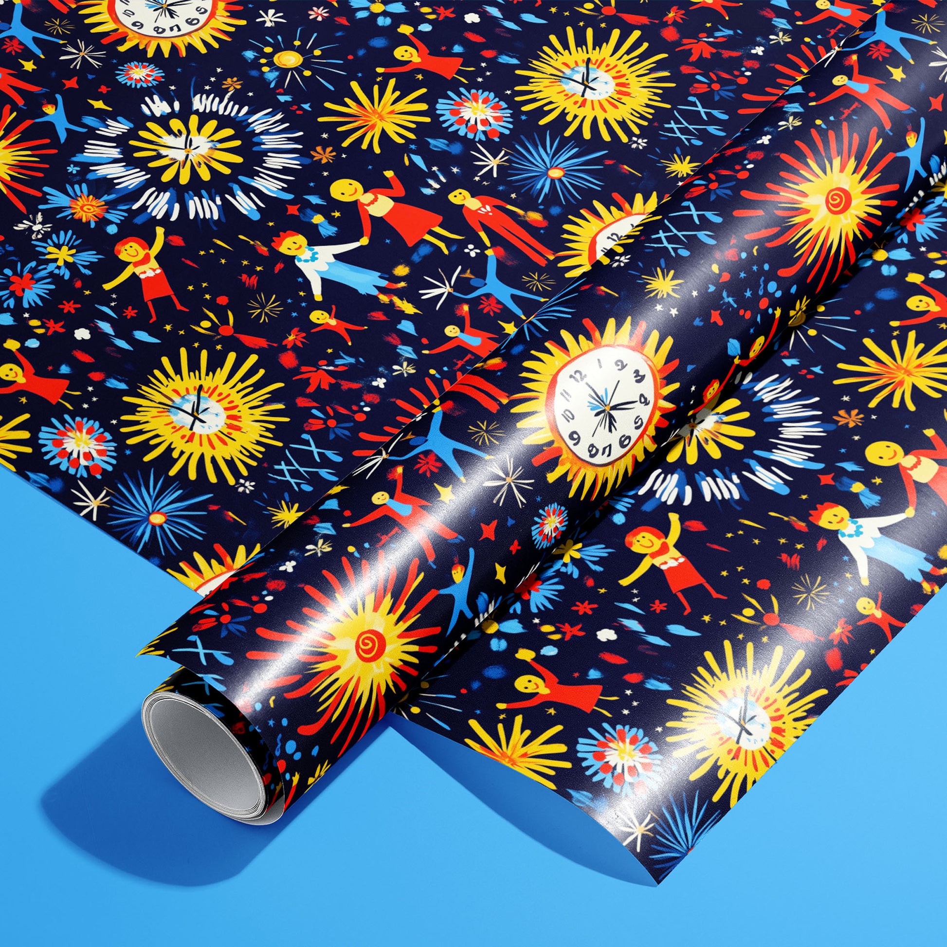 A roll of Midnight Merriment rests on a matching unrolled sheet, featuring fireworks, sunburst clocks, and dancing figures on a navy ground atop a bright sky-blue surface.