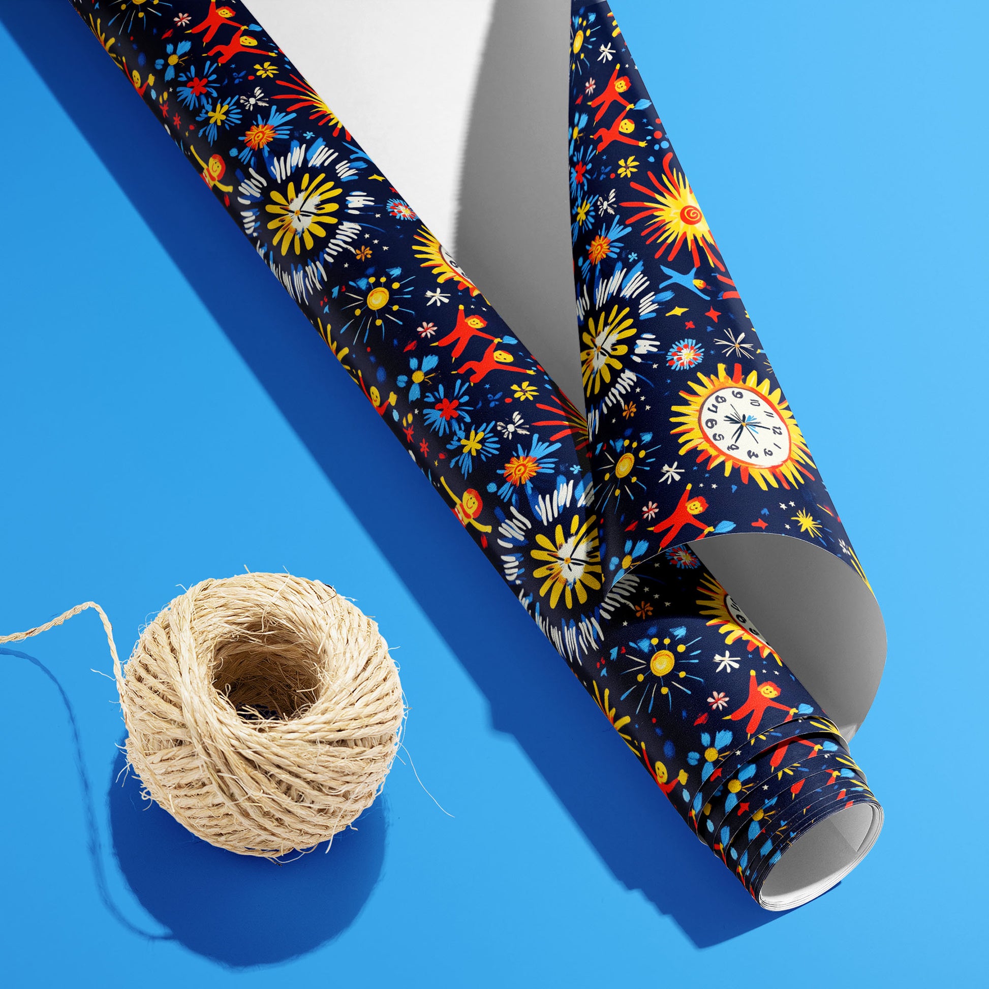 A partially unfurled roll of Midnight Merriment with the white underside visible sits beside natural twine on sky blue, revealing fireworks and dancing figures on navy.