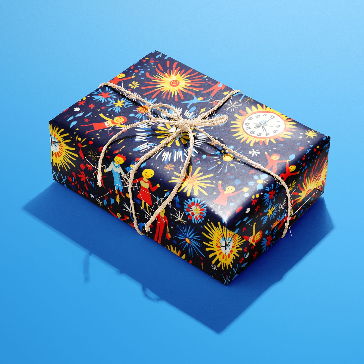 A single gift wrapped in Midnight Merriment and tied with natural twine displays fireworks, sunburst clocks, and cheerful dancers on a navy ground against a sky-blue background.