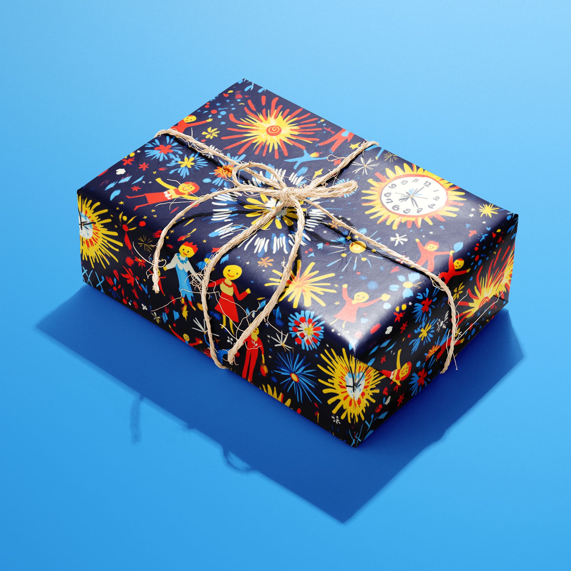 A single gift wrapped in Midnight Merriment and tied with natural twine displays fireworks, sunburst clocks, and cheerful dancers on a navy ground against a sky-blue background.