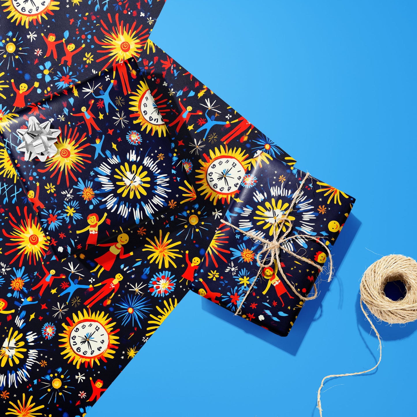 Two gifts in Midnight Merriment—one silver-bowed, one tied with twine—rest on two unused sheets with fireworks and dancers on navy beside a twine spool on sky blue.