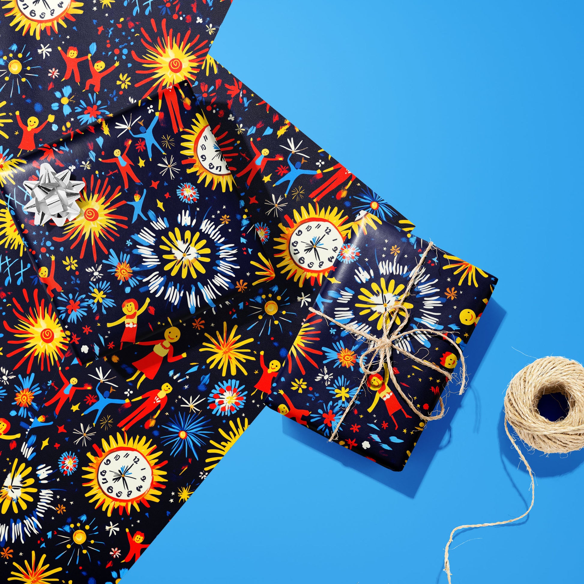 Two gifts in Midnight Merriment—one silver-bowed, one tied with twine—rest on two unused sheets with fireworks and dancers on navy beside a twine spool on sky blue.