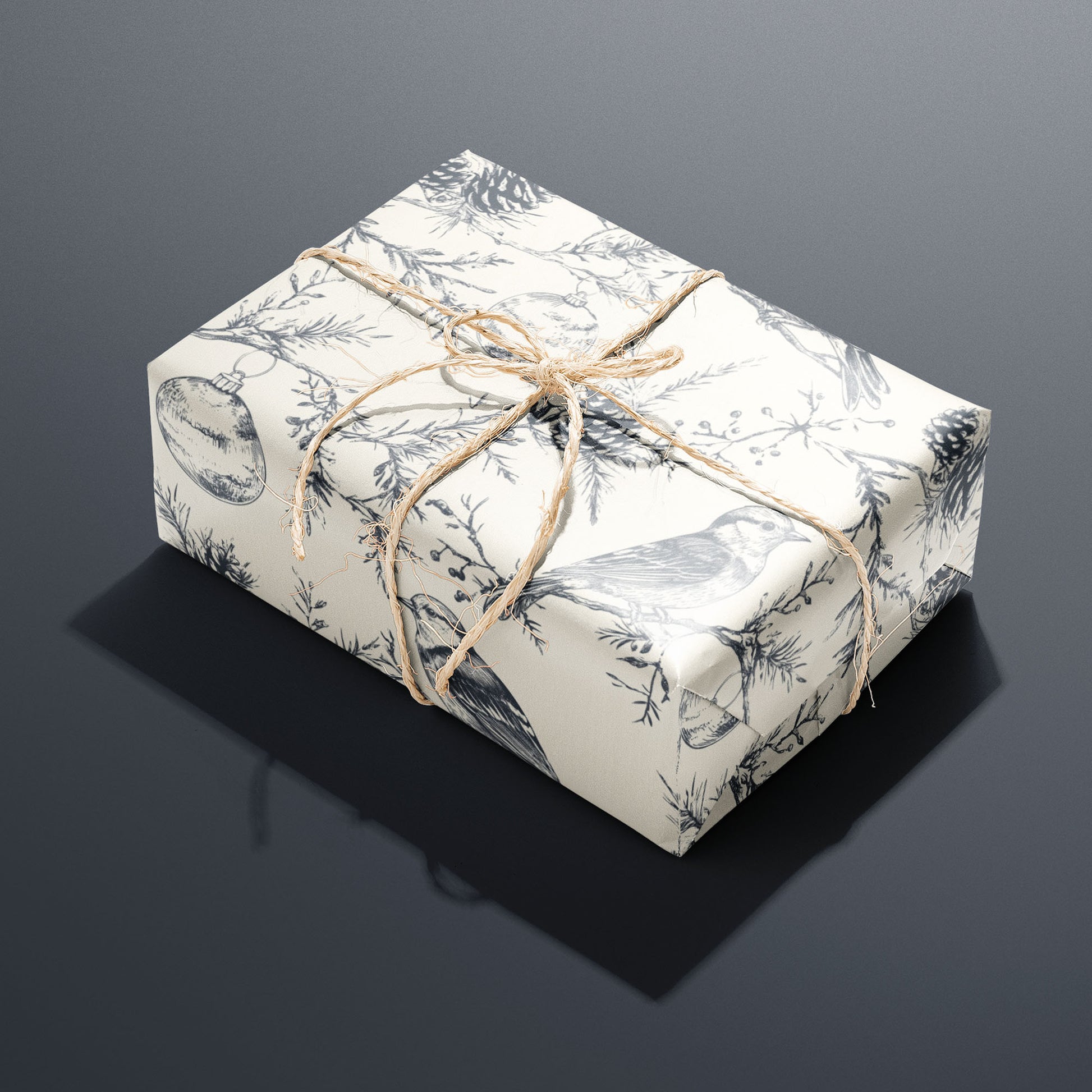 A single gift wrapped in Winter Wings and tied with natural twine, displaying charcoal-drawn birds, pinecones, and ornaments on a cream ground atop a dark grey surface.