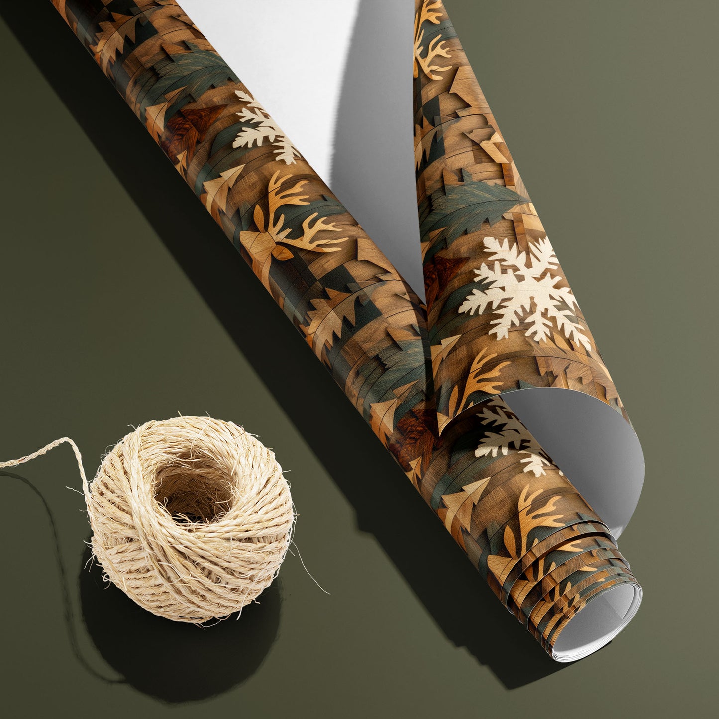 A partially unfurled roll of Timber Tapestry, white underside visible beside a spool of natural twine, displays inlaid deer, evergreens, and snowflakes on an olive green surface.