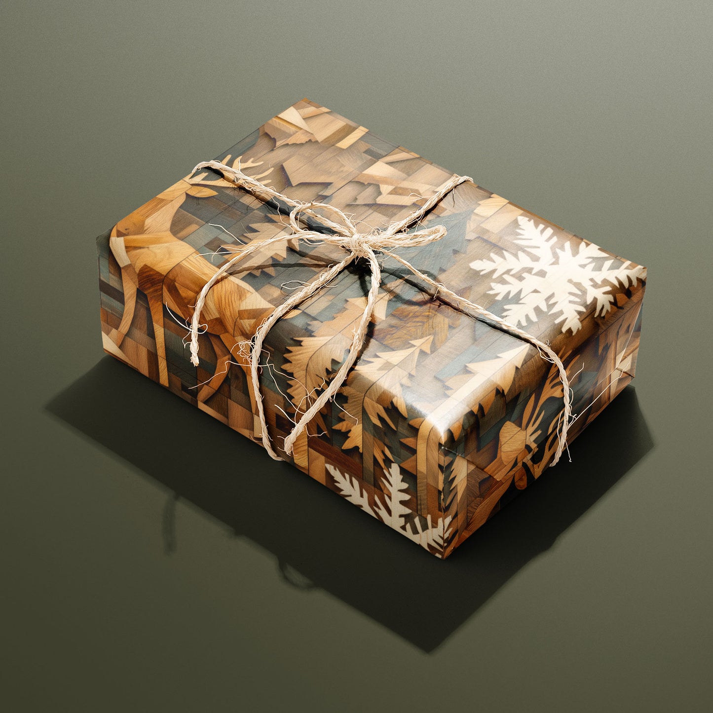 A rectangular gift wrapped in Timber Tapestry and tied with natural twine highlights wood-inlay deer, pine silhouettes, and cream snowflakes on an olive green backdrop.